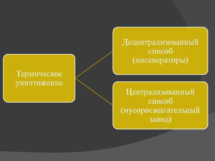 Децентрализованный способ (инсенераторы) Термическое уничтожение Централизованный способ (мусоросжигательный завод) 