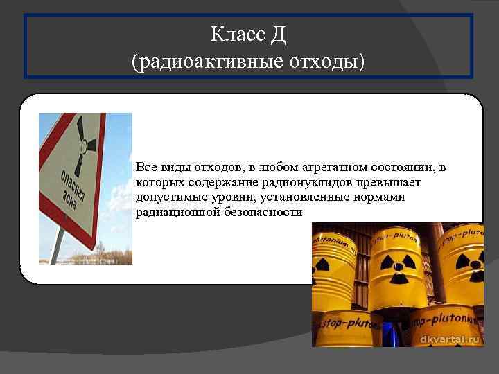 Класс Д (радиоактивные отходы) Все виды отходов, в любом агрегатном состоянии, в которых содержание