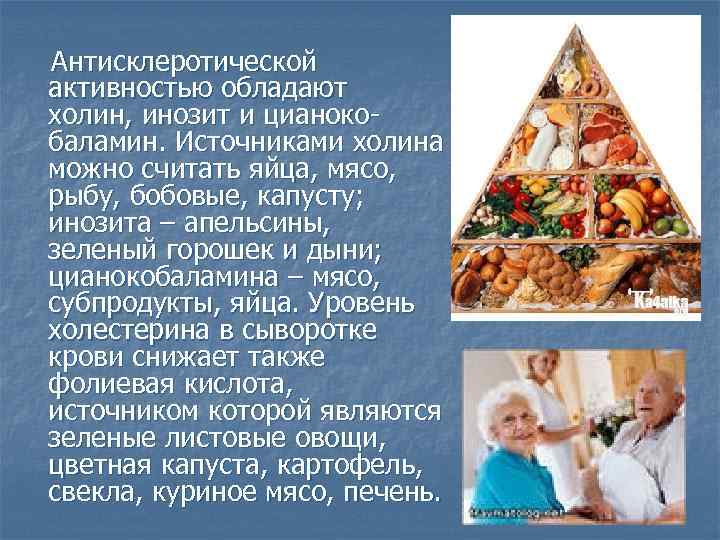 Антисклеротической активностью обладают холин, инозит и цианокобаламин. Источниками холина можно считать яйца, мясо, рыбу,