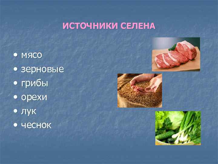 ИСТОЧНИКИ СЕЛЕНА • мясо • зерновые • грибы • орехи • лук • чеснок