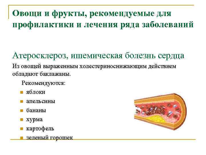 Овощи и фрукты, рекомендуемые для профилактики и лечения ряда заболеваний Атеросклероз, ишемическая болезнь сердца