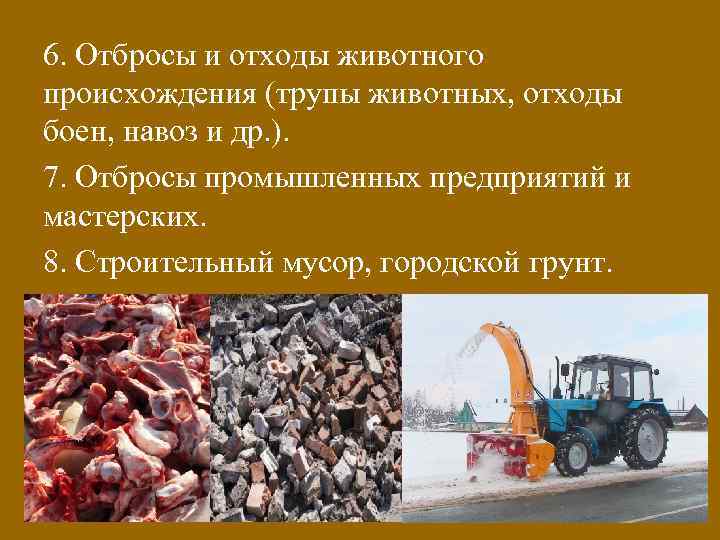 6. Отбросы и отходы животного происхождения (трупы животных, отходы боен, навоз и др. ).