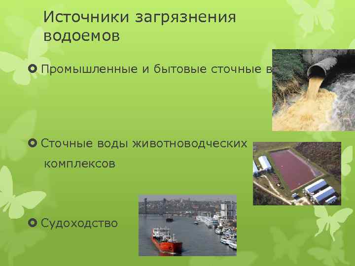 Источники загрязнения водоемов Промышленные и бытовые сточные воды Сточные воды животноводческих комплексов Судоходство 