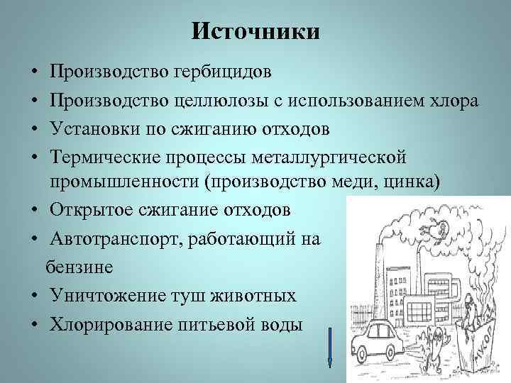 Источники • • Производство гербицидов Производство целлюлозы с использованием хлора Установки по сжиганию отходов