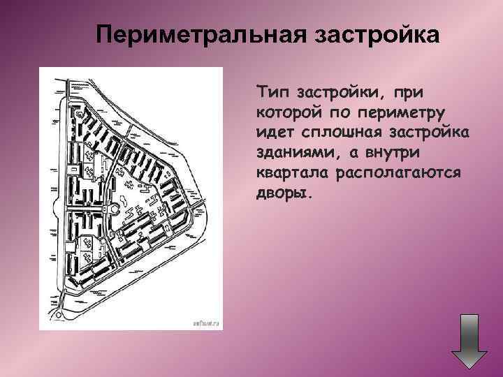 Периметральная застройка Тип застройки, при которой по периметру идет сплошная застройка зданиями, а внутри