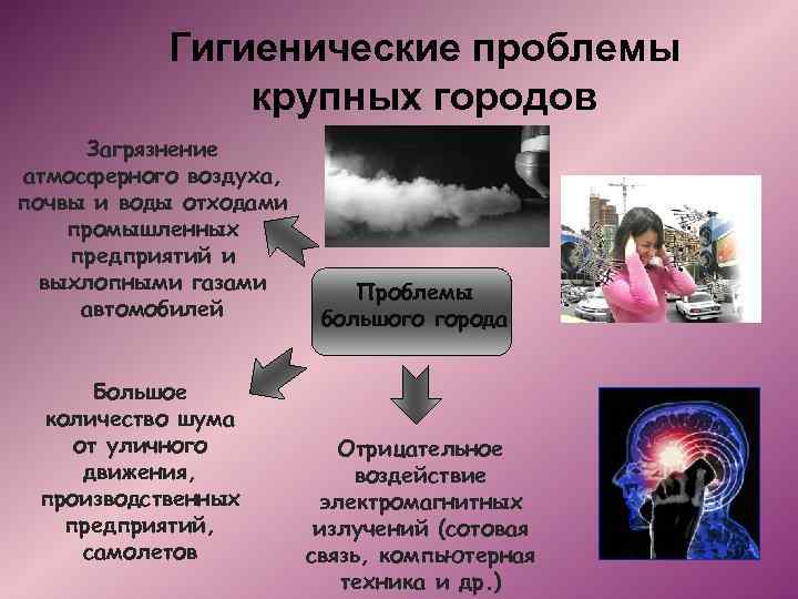 Гигиенические проблемы крупных городов Загрязнение атмосферного воздуха, почвы и воды отходами промышленных предприятий и