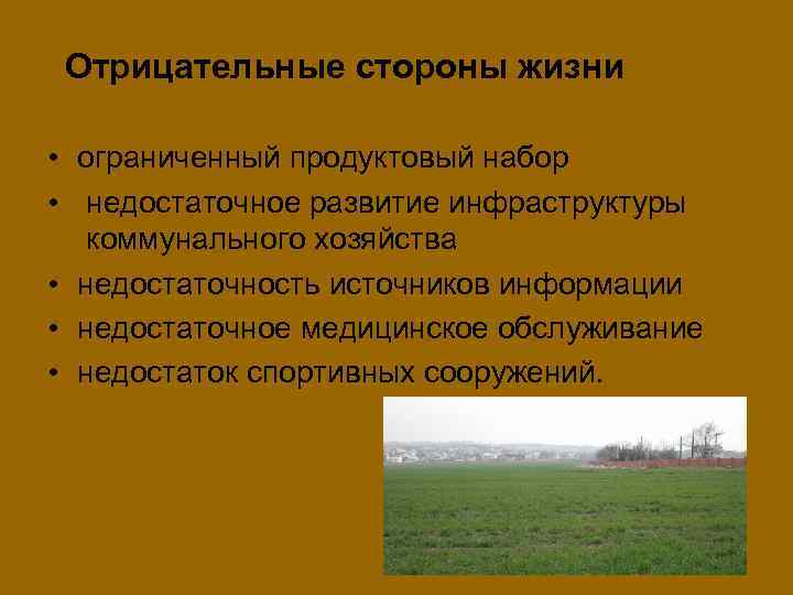 Отрицательные стороны жизни • ограниченный продуктовый набор • недостаточное развитие инфраструктуры коммунального хозяйства •