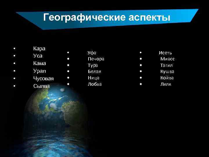 Географические аспекты • • • Кара Уса Кама Урал Чусовая Сылва • • •