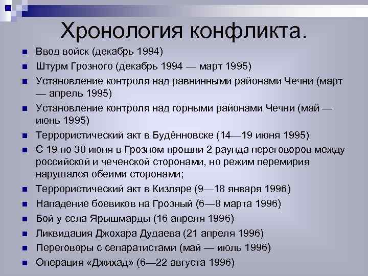 Представьте характеристику военного конфликта в чечне 1994 1997 по следующему плану