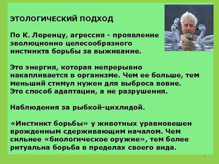 ЭТОЛОГИЧЕСКИЙ ПОДХОД По К. Лоренцу, агрессия - проявление эволюционно целесообразного инстинкта борьбы за выживание.