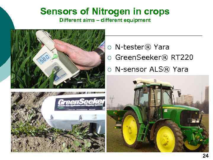 Sensors of Nitrogen in crops Different aims – different equipment ¡ N-tester® Yara Green.