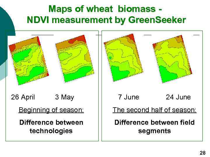 Maps of wheat biomass NDVI measurement by Green. Seeker 26 April 3 May 7