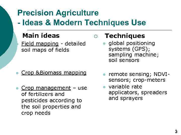 Precision Agriculture - Ideas & Modern Techniques Use Main ideas ¡ l Field mapping