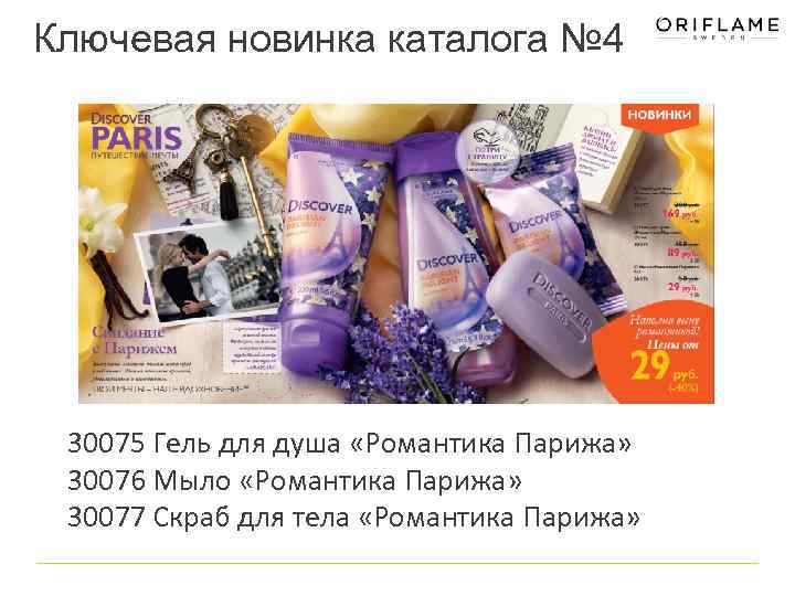 Ключевая новинка каталога № 4 30075 Гель для душа «Романтика Парижа» 30076 Мыло «Романтика