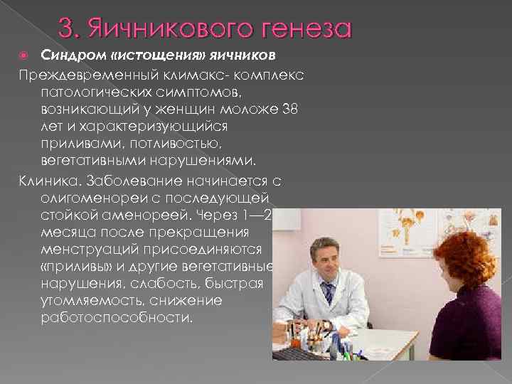 3. Яичникового генеза Синдром «истощения» яичников Преждевременный климакс- комплекс патологических симптомов, возникающий у женщин