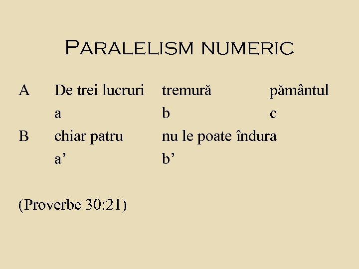 Paralelism numeric A B De trei lucruri a chiar patru a’ (Proverbe 30: 21)