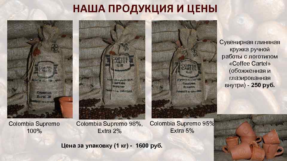 НАША ПРОДУКЦИЯ И ЦЕНЫ Сувенирная глиняная кружка ручной работы с логотипом «Coffee Cartel» (обожженная