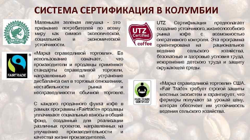 СИСТЕМА СЕРТИФИКАЦИЯ В КОЛУМБИИ Маленькая зеленая лягушка - это признание потребителей по всему миру