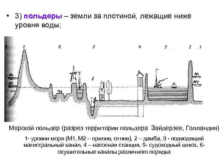  • 3) польдеры – земли за плотиной, лежащие ниже уровня воды; Морской польдер
