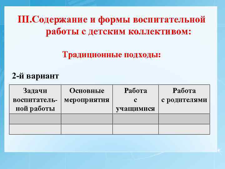 III. Содержание и формы воспитательной работы с детским коллективом: Традиционные подходы: 2 -й вариант