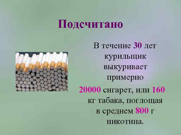 Подсчитано В течение 30 лет курильщик выкуривает примерно 20000 сигарет, или 160 кг табака,