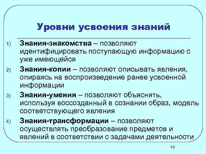 Уровни усвоения знаний 1) 2) 3) 4) Знания-знакомства – позволяют идентифицировать поступающую информацию с