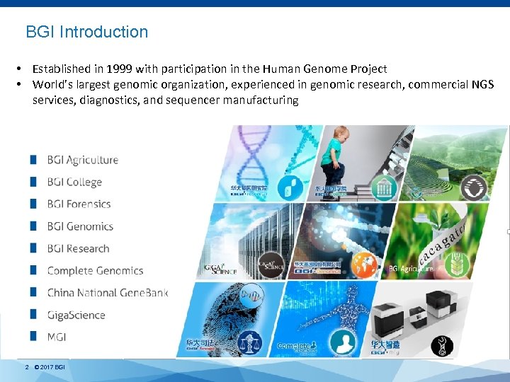 BGI Introduction • Established in 1999 with participation in the Human Genome Project •