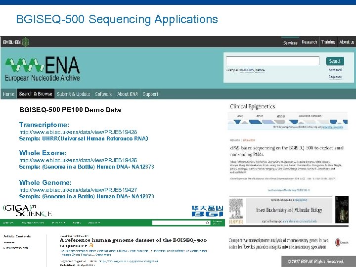 BGISEQ-500 Sequencing Applications BGISEQ-500 PE 100 Demo Data Transcriptome: http: //www. ebi. ac. uk/ena/data/view/PRJEB