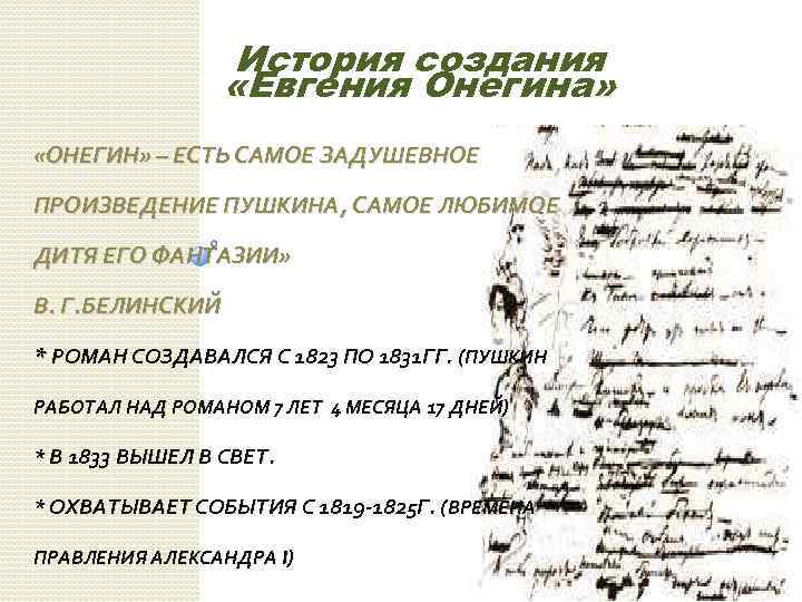 История создания «Евгения Онегина» «ОНЕГИН» – ЕСТЬ САМОЕ ЗАДУШЕВНОЕ ПРОИЗВЕДЕНИЕ ПУШКИНА, САМОЕ ЛЮБИМОЕ ДИТЯ