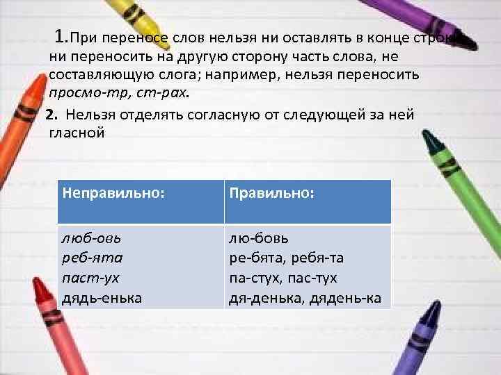  1. При переносе слов нельзя ни оставлять в конце строки, ни переносить на