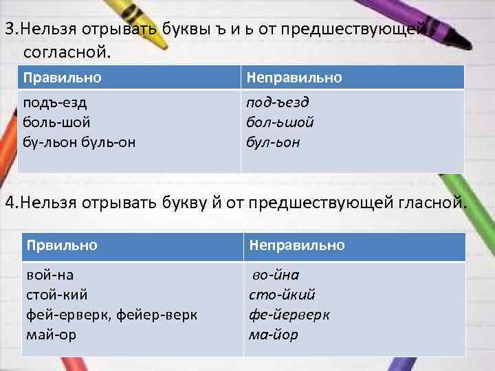 3. Нельзя отрывать буквы ъ и ь от предшествующей согласной. Правильно подъ-езд боль-шой бу-льон