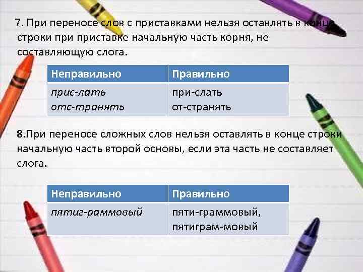  7. При переносе слов с приставками нельзя оставлять в конце строки приставке начальную