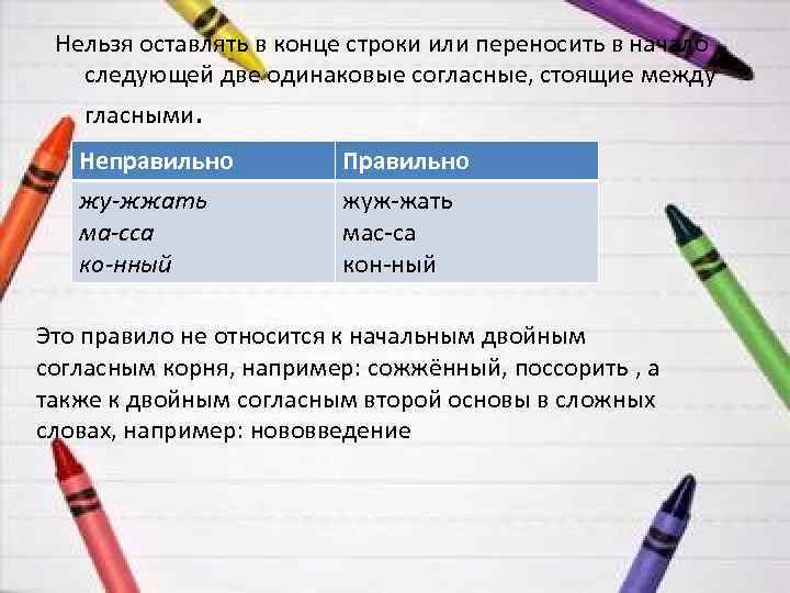 Нельзя оставлять в конце строки или переносить в начало следующей две одинаковые согласные, стоящие