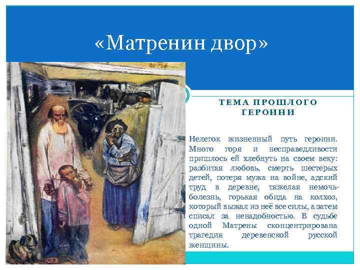  «Матренин двор» ТЕМА ПРОШЛОГО ГЕРОИНИ Нелегок жизненный путь героини. Много горя и несправедливости