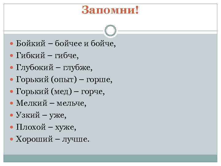 Запомни! Бойкий – бойчее и бойче, Гибкий – гибче, Глубокий – глубже, Горький (опыт)