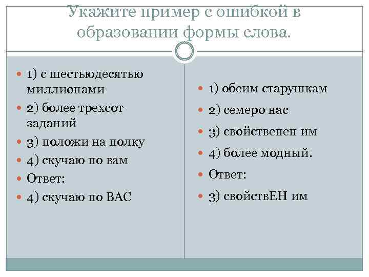 Укажите пример с ошибкой в образовании формы слова. 1) с шестьюдесятью миллионами 2) более