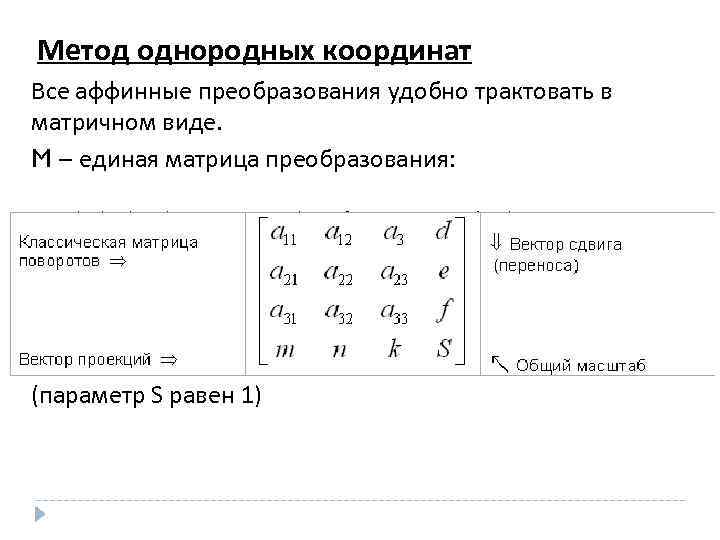 Метод однородных координат Все аффинные преобразования удобно трактовать в матричном виде. M – единая