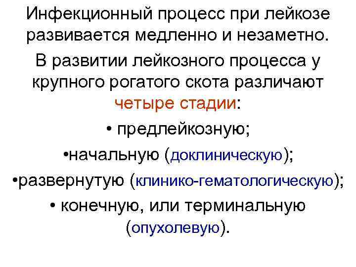 Инфекционный процесс при лейкозе развивается медленно и незаметно. В развитии лейкозного процесса у крупного