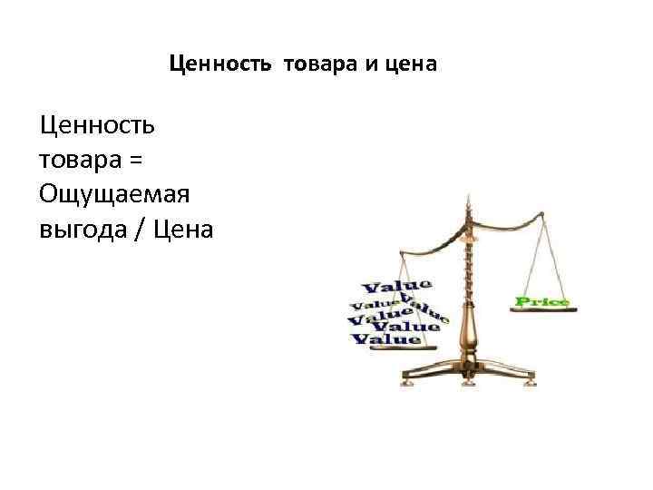 Ценность товара и цена Ценность товара = Ощущаемая выгода / Цена 