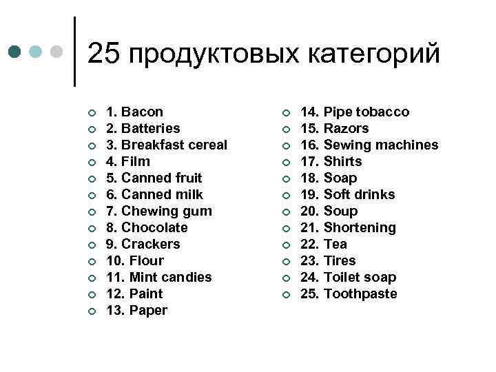 25 продуктовых категорий ¢ ¢ ¢ ¢ 1. Bacon 2. Batteries 3. Breakfast cereal