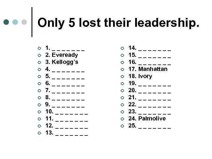 Only 5 lost their leadership. ¢ ¢ ¢ ¢ 1. _ _ _ _