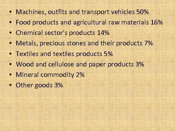  • • Machines, outfits and transport vehicles 50% Food products and agricultural raw