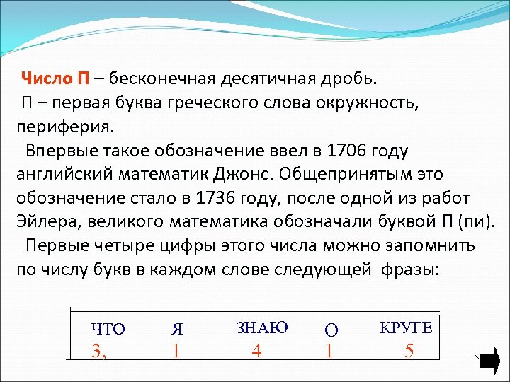 Число П – бесконечная десятичная дробь. П – первая буква греческого слова окружность, периферия.