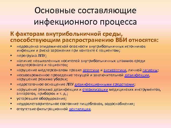 Основные составляющие инфекционного процесса К факторам внутрибольничной среды, способствующим распространению ВБИ относятся: • •