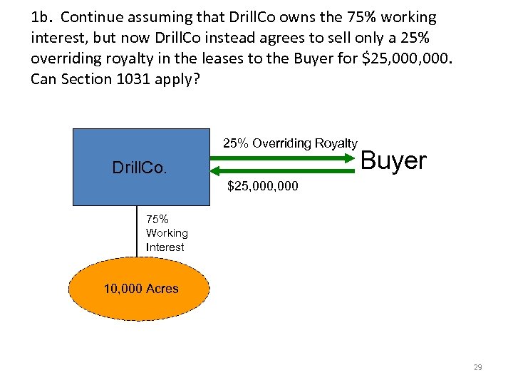 1 b. Continue assuming that Drill. Co owns the 75% working interest, but now