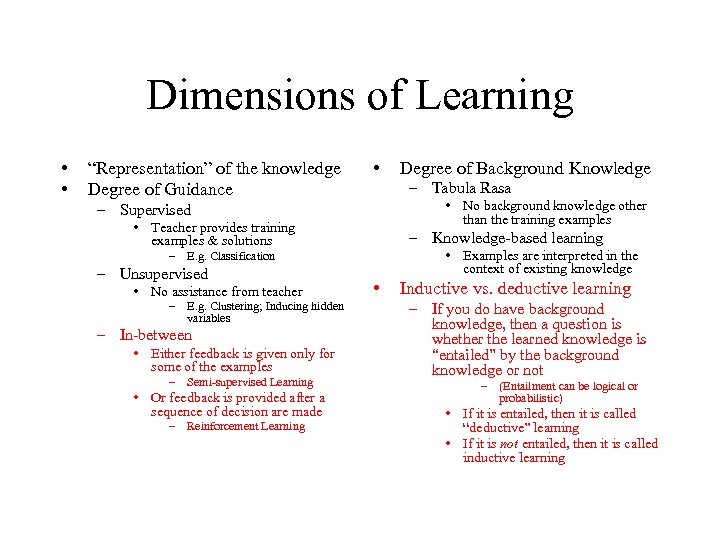 Dimensions of Learning • • “Representation” of the knowledge Degree of Guidance • –