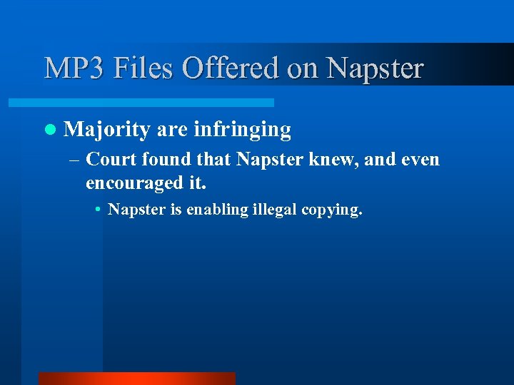 MP 3 Files Offered on Napster l Majority are infringing – Court found that