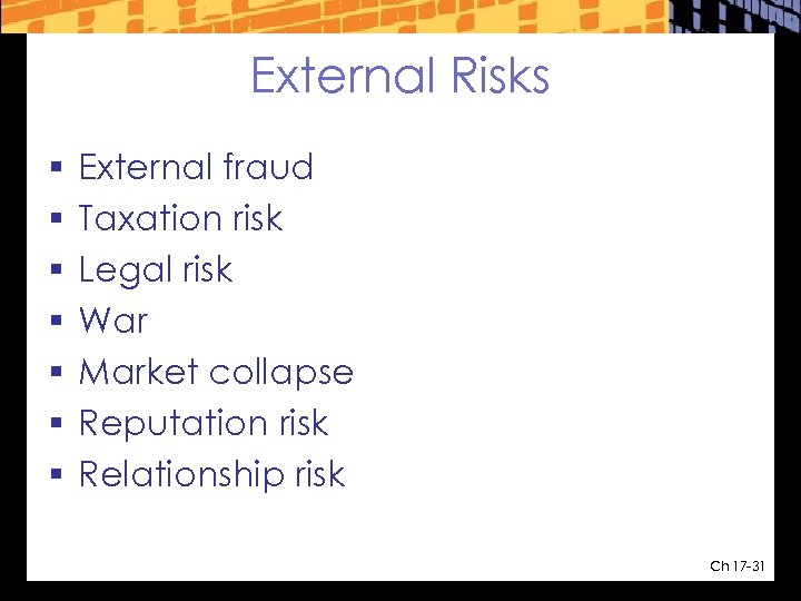 External Risks § § § § External fraud Taxation risk Legal risk War Market