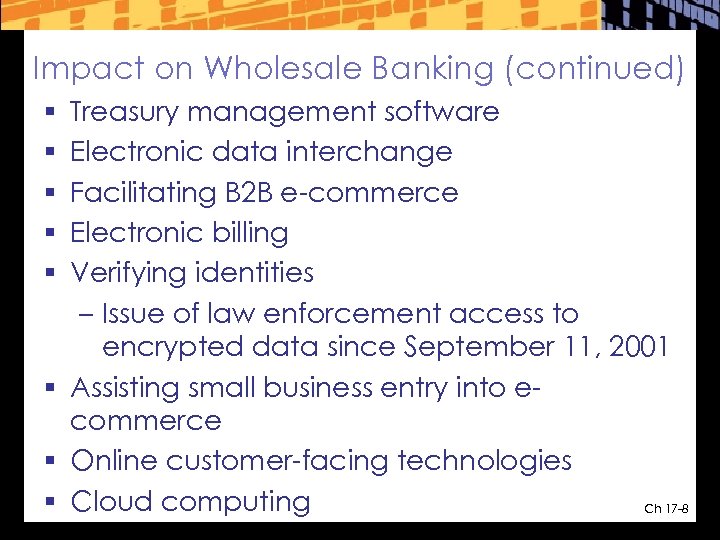 Impact on Wholesale Banking (continued) Treasury management software Electronic data interchange Facilitating B 2