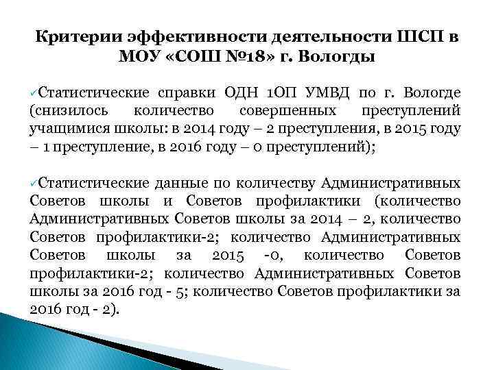 Критерии эффективности деятельности ШСП в МОУ «СОШ № 18» г. Вологды üСтатистические справки ОДН